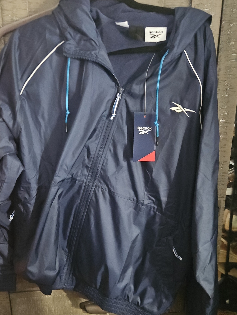 Reebok Navy Blue Hooded Windbreaker with Light Blue Accents Fleece Lined